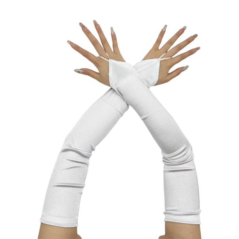 Long Gloves for Women Dancing Elastic Fingerless Gloves Satins: WHITE