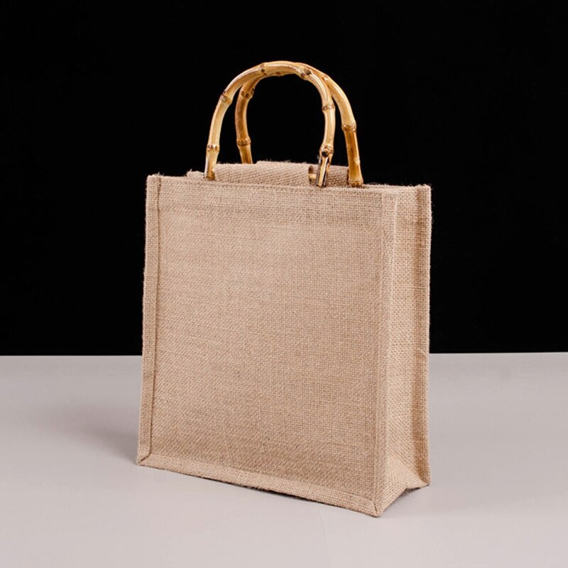 Portable Burlap Jute Shopping Bag Handbag Bamboo Loop Handles Tote L41B