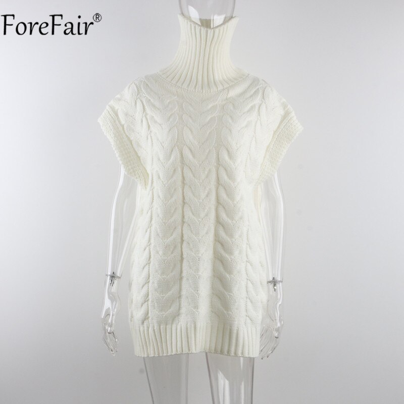 Forefair beige ärmlös polotröja kvinnor tjocka stickade axelryckningströjor lediga lösa oversized höst vintertröjor jumpers