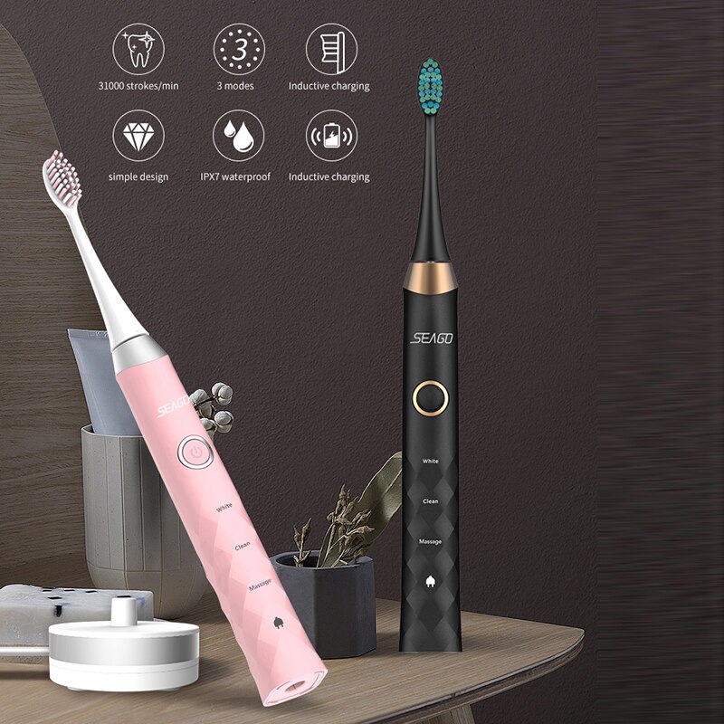 SEAGO-cepillo de dientes eléctrico sónico para adulto, recargable, inalámbrico, impermeable, automático, con 3 cabezales,