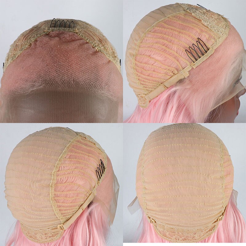 Bombshell rosa kort rett bob syntetisk hår blonder foran parykk limfri varmebestandig fiber hår midtskill for kvinner parykker