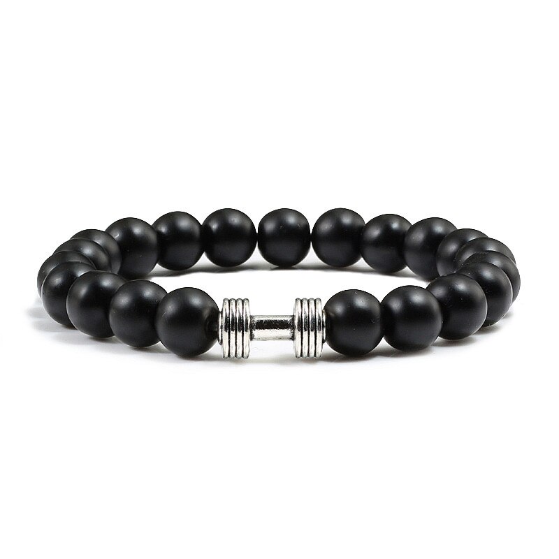 Kausalen Männer Armband Schwarz Natürliche Stein Lava Perlen Legierung Fitness gym Hantel Armbänder Armreifen Charme Frauen Männlichen Outdoor Schmuck: Matte Black Sliver