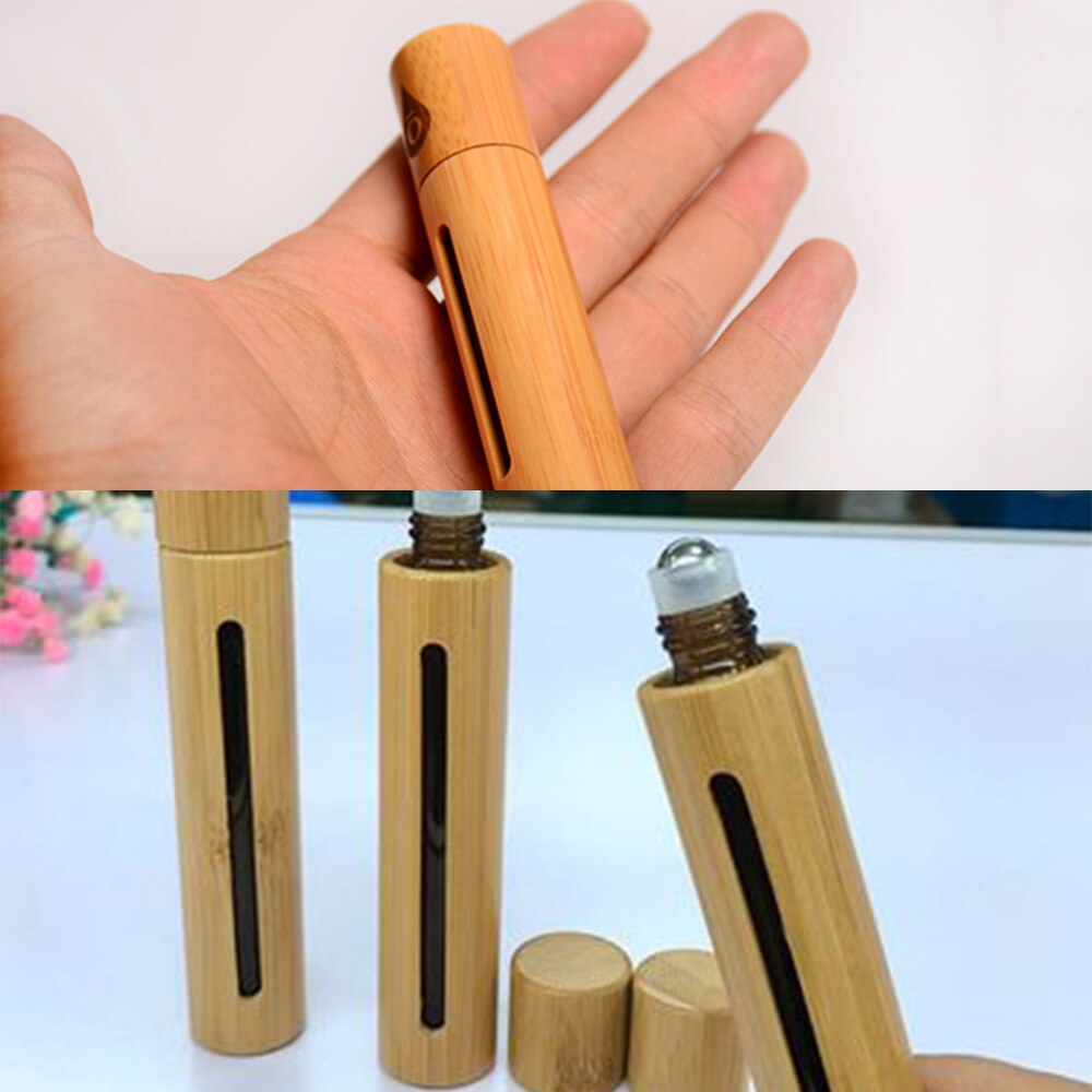 10ml bambu rulle på flaska med stål roller glas kosmetika behållare bärbar ögon eterisk olja massage roller ball tub