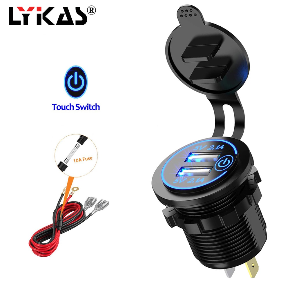 LYKAS Auto Voltmeter USB Charger LED Touch Op Off Schakelaar voor Motorfiets Telefoon Lader Voltage Display