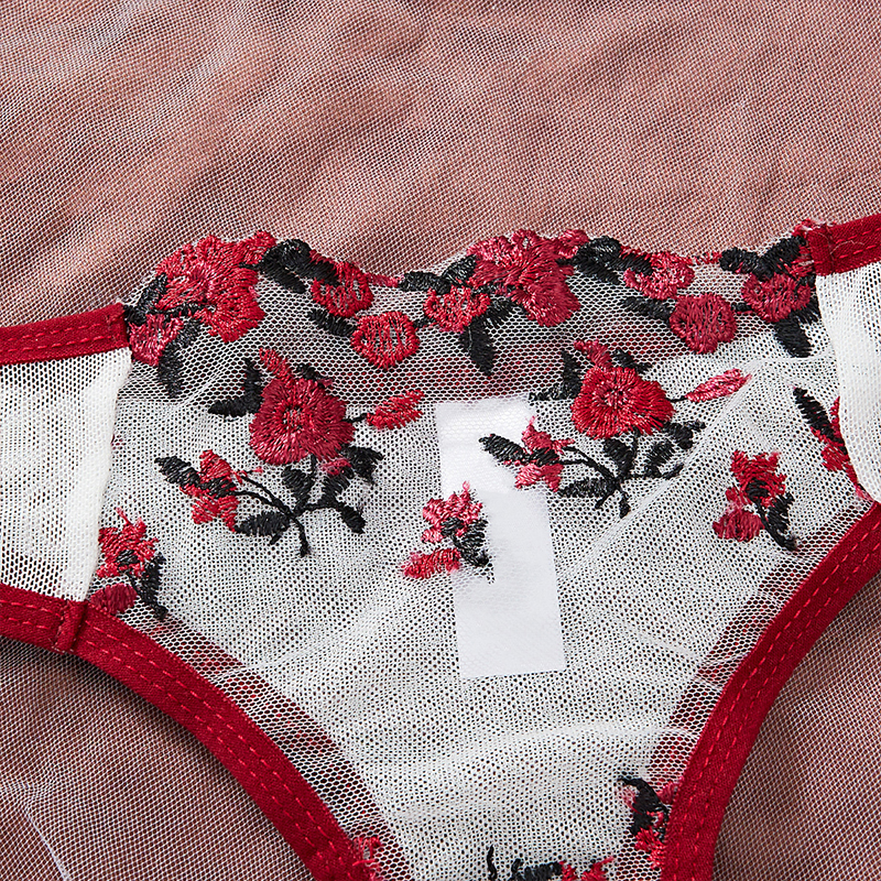 Hvid og rød kontrast sexet lingeri til kvinder broderi blomster ultratyndt udsøgt transparent undertøjssæt med bh erotiske kostumer