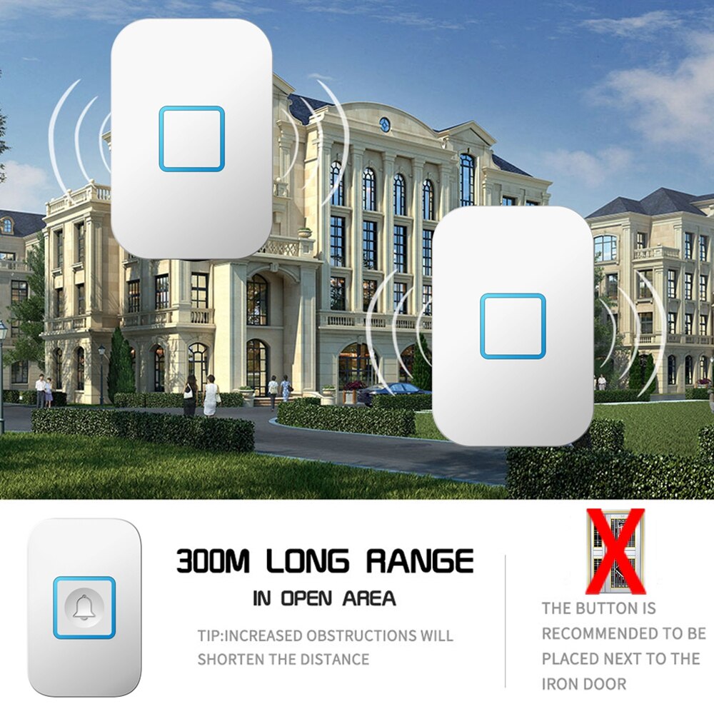 Smart Home Wireless Waterproof Doorbell 300M Remote 1 Button 1 2 Receiver US EU UK Plug Intelligent LED Light Door Bell 60 Chime
