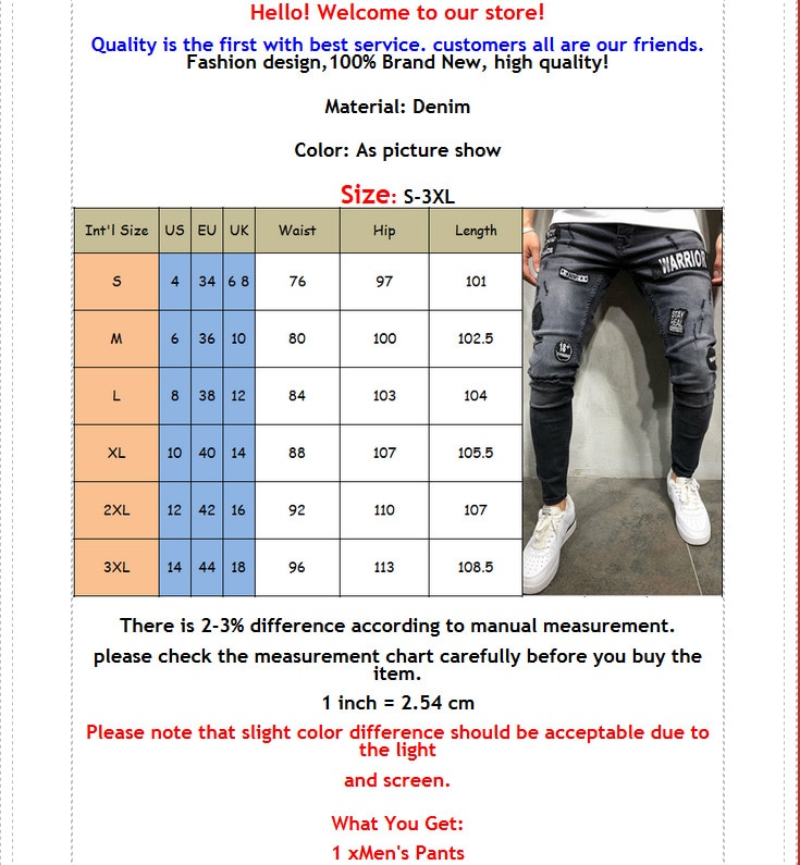 Calça jeans rasgada masculina, calça comprida skinny com rasgos destruídos para homens, casual slim fit S-3XL
