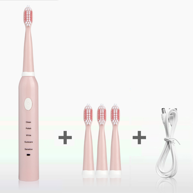 Adults Waterproof Electric Toothbrush Powerful Acoustic Wave Toothbrush 2 Colors Optional Rechargeable Sonic Toothbrush: Pink 4 Heads