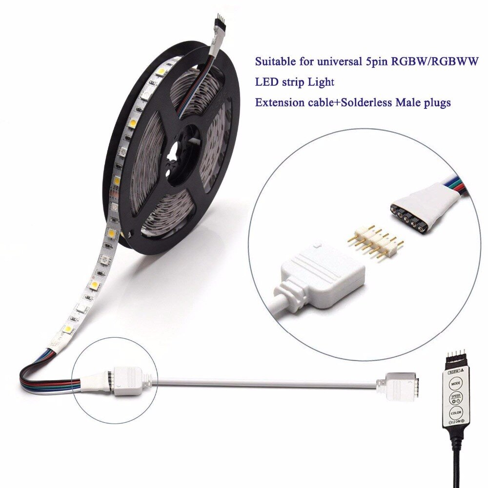 2X RGBW/RGBWW Color Changing Flex LED Strip Light 5pin 3m/9.8ft Extension Cable Connector,RGBWW LED Tape Solderless Adapto