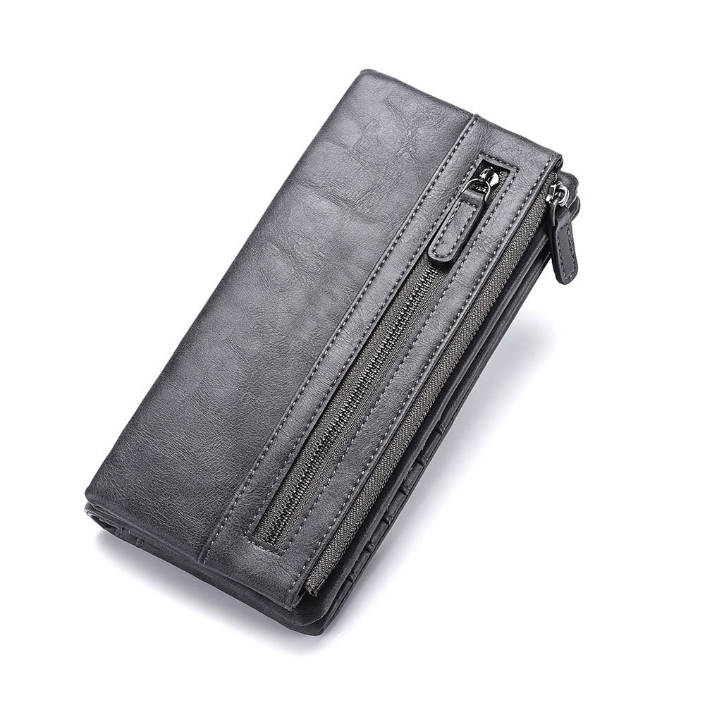 Soft Leather Men's Business Wallets Brand Vintage Purse Card Holder Male Long Zipper Clutch Wallet with Phone Pocket: grey