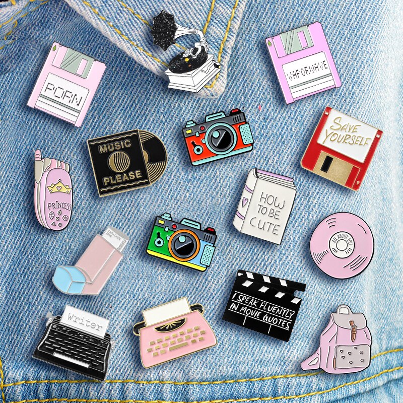 creativa dibujos animados U disco, CD Retro, máquina de fax broche de gota de aceite Pin bolso vaquero hombres mujeres accesorios de joyería de