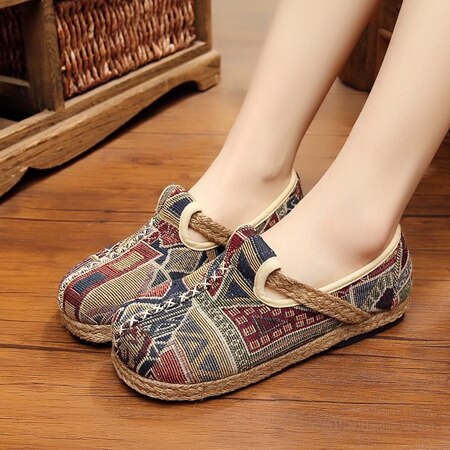 Veowalk, mocasines de lino informales con bordado de algodón marrón para Mujer, zapatos planos Vintage elegantes hechos a mano para Mujer: 6,5