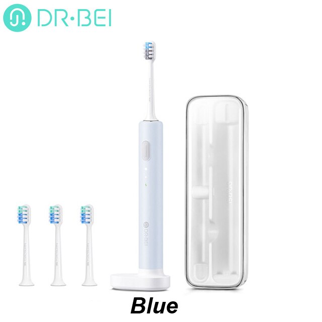 DR·BEI Ultrasonic Electric Toothbrush C1 USB Rechargeable Adult Waterproof Ultrasonic Automatic 3 Modes with Travel Case: Blue add 2head
