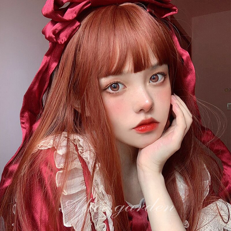 Estilo japonés animación lolita castaño oscuro largo liso COSPLAY del pelo peluca vieja señora pelo accesorios para el cabello de las mujeres