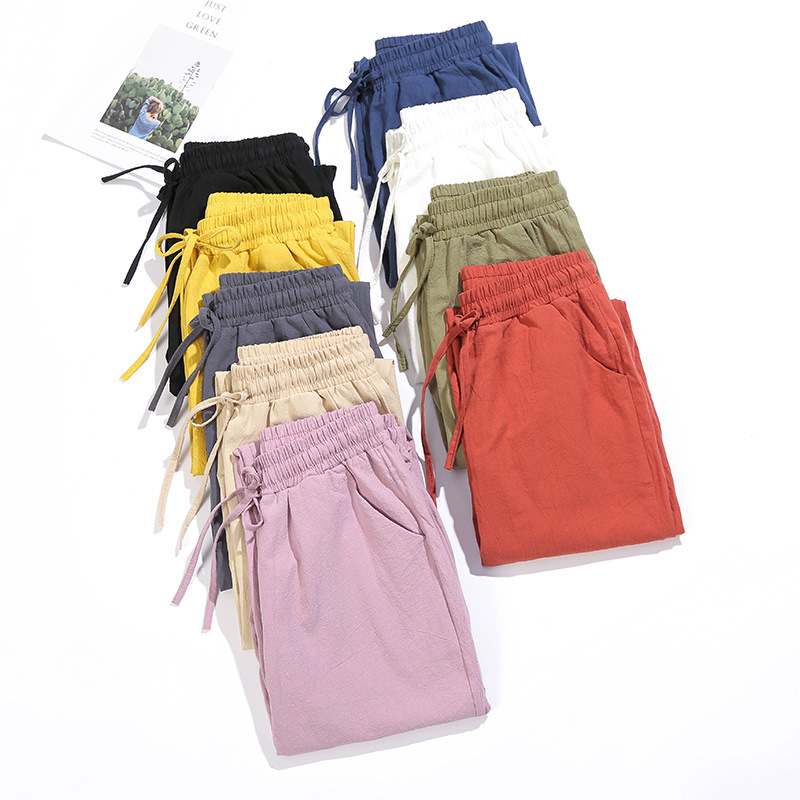 Pantalones bombachos de algodón para mujer, pantalón informal, holgado, liso, hasta el tobillo, coreano, con bolsillo elástico, para verano y otoño