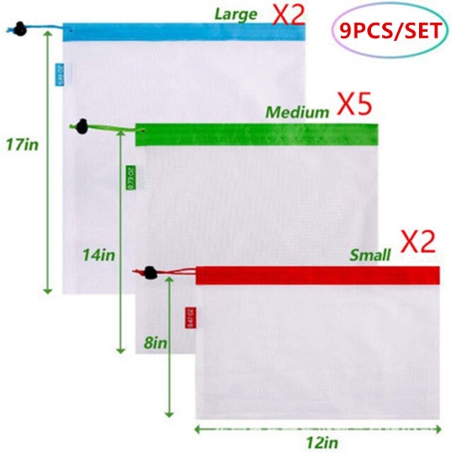 Reusable Produce Bags 12/9/3PCS Fruit Stitching Mesh Bag Nylon Mesh Bags For Fruit Vegetable Grocery Shopping Stitched Mesh Bag: 2Large5medium2small