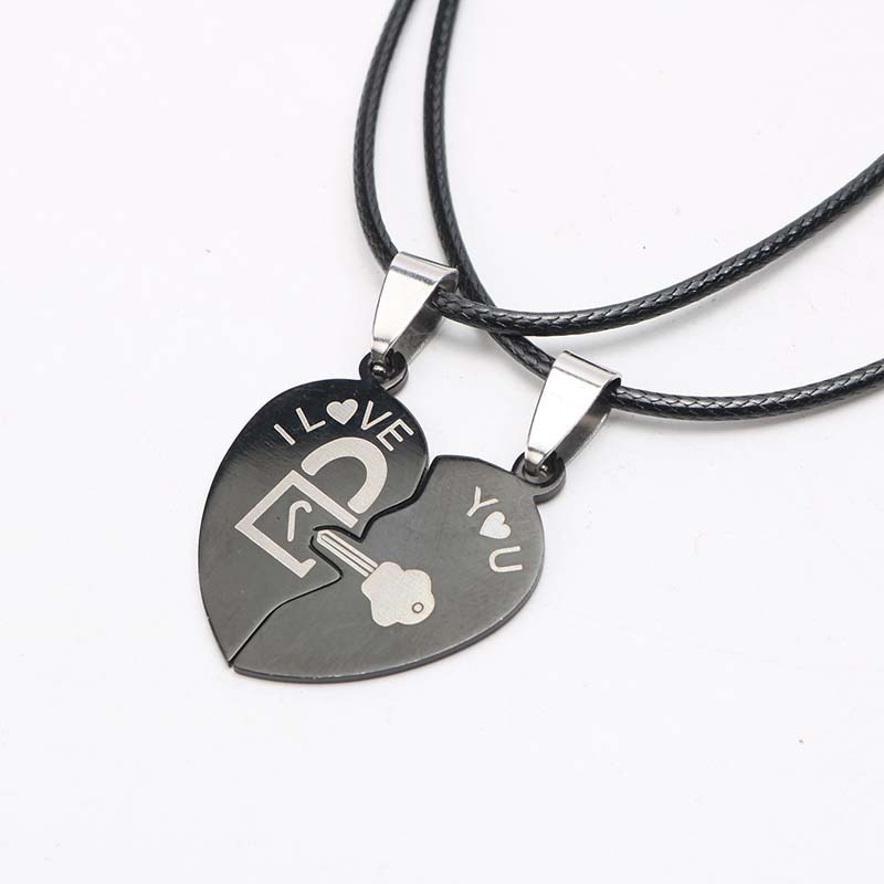 Couple Necklace Two Halves of Heart Splicing Pendant Black Love Key and Lock Men and Women Love Heart Necklaces: Default Title