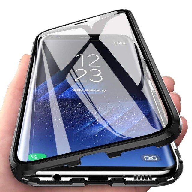 Adsorpcja magnetyczna etui na telefony dla Huawei Y6P Y7P szkło hartowane metalowa obudowa przednia i tylna szkło dla Huawei Y8P Y9S pokrywy skrzynka: For Huawei Y6P / Black