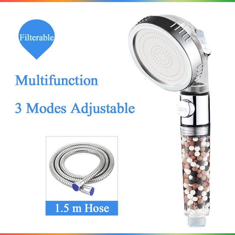 Bathroom 3-Function SPA shower head with switch on/off button high Pressure Anion Filter Bath Head Water Saving Shower: C193-hose
