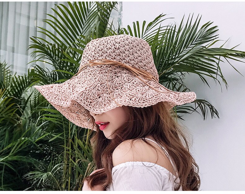 La Europa de los Estados Unidos Simple playa verano gorras casuales de mujer Panamá sombreros de señora de las mujeres de la de ala plana paja gorro para el sol Niña: Rosa