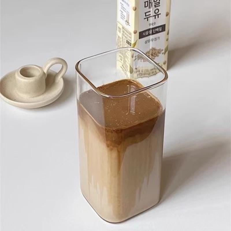 1pc kvadratisk glasmugg med lock och sugrör, transparent dricksglas för iskaffe, mjölk, öl, för kök och matsal: Svart