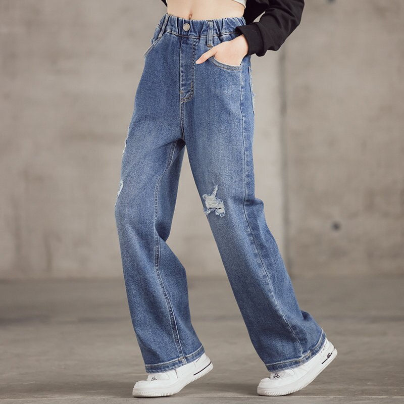 Pantalones vaqueros de pierna ancha para niñas, Jeans rectos de algodón, rasgados, ropa de para Niñas Grandes, novedad