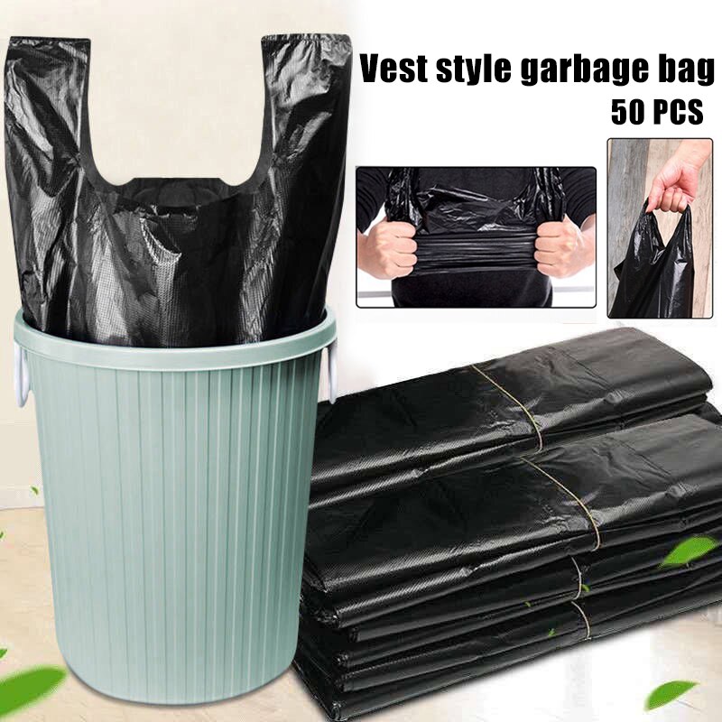 Bærbar sort engangs affaldspose plastik robust t-shirt taske fortykkede købmandsposer holdbare 50 stk: Default Title