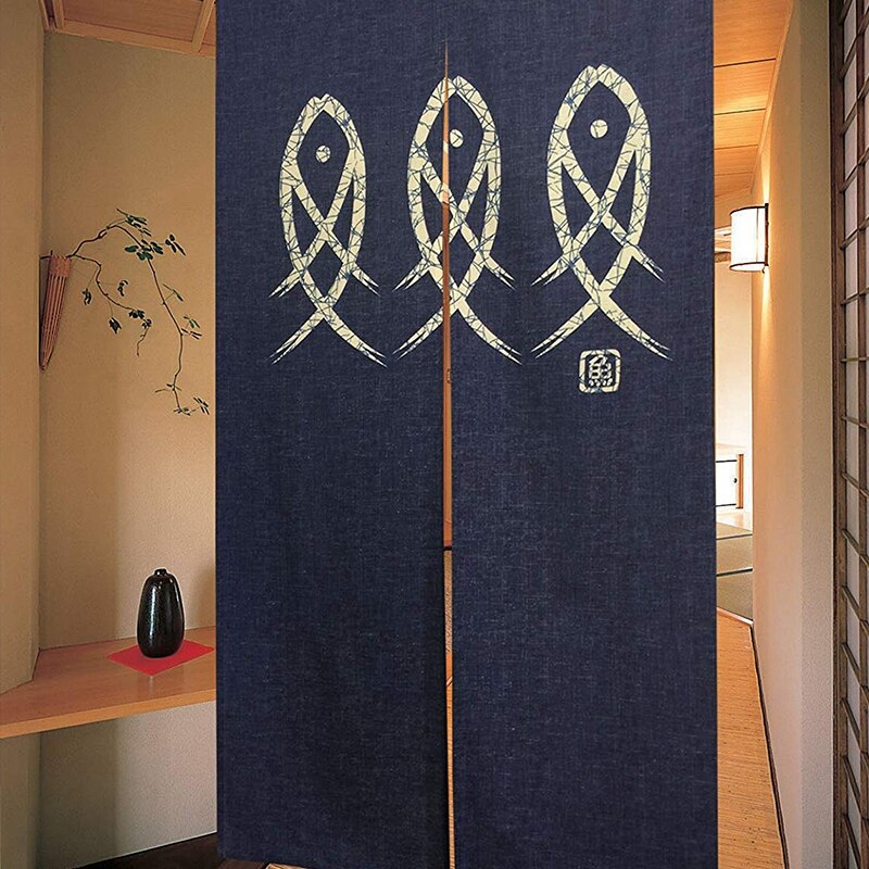Japansk noren døråbning gardin gammel karakter fiskebillede til boligindretning blå 33 x 59 tommer
