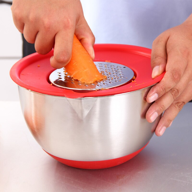 Rvs Non-Slip Mixing Bowls Met Rasp Bijlagen Schenktuit Handvat En Deksel Utensilios De Cocina -V12