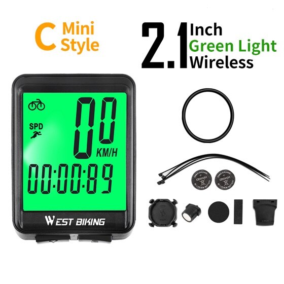 Velocímetro de ciclismo WEST BIKING, pantalla grande de 2,8 pulgadas, impermeable, 20 funciones, inalámbrico y con cable, odómetro de bicicleta, ordenador: C Wireless Green