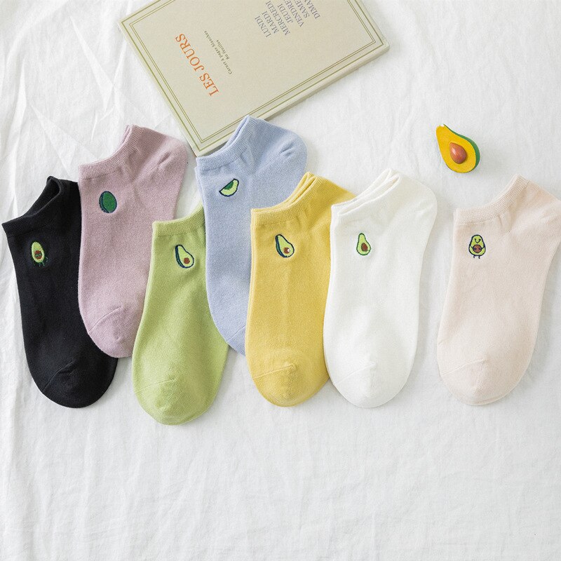 Fasahion Spring And Summer Women's Socks Cute Avacado Embroidery Green Set Socks Casual Socks Short Cotton Socks