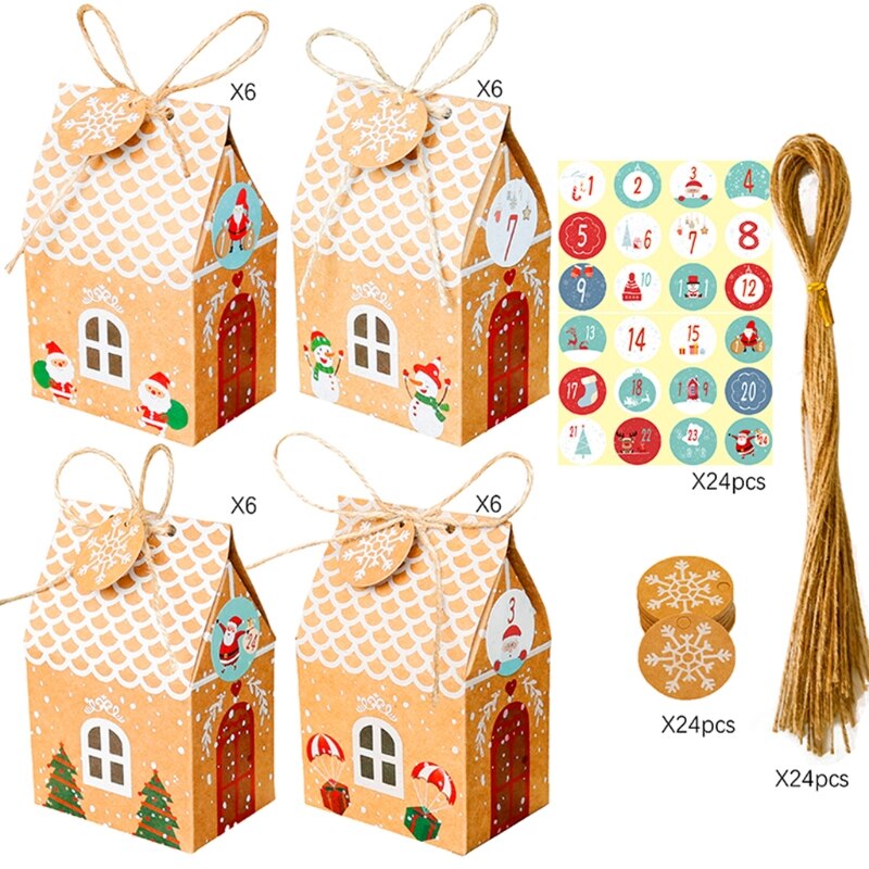 24 sets kersthuisjes, kraftpapier, koekjes, snoepzak, sneeuwvloklabels, 1-24 adventskalenderstickers, henneptouw, feestbenodigdheden