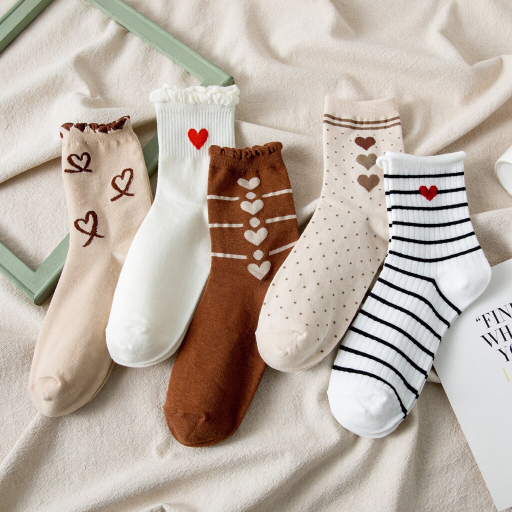 Ladies Casual Women Socks Striped Love Heart Cotton Solid Color Cute Dot Casual Breathable White Women Lady Socks 1 Pair