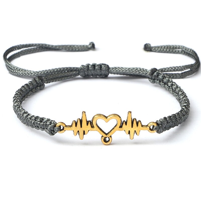 Goud Hartslag Cardiogram Armbanden Vrouwen Rood Zwart Touw Handgemaakte Weven Minnaar Sieraden Armband Speciale Cadeaus Voor Beste Vrienden: Gray-gold