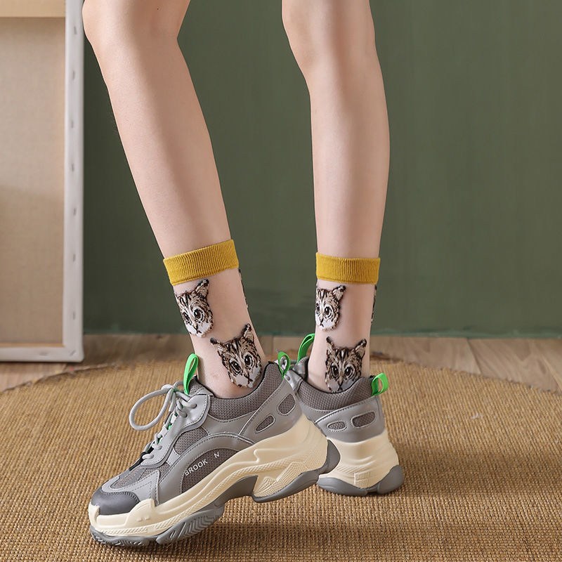 Femmes Transparent mignon chat chaussettes Kawaii dames japonaise coréenne à la été mince cristal soie chaussette en Fiber de verre bas