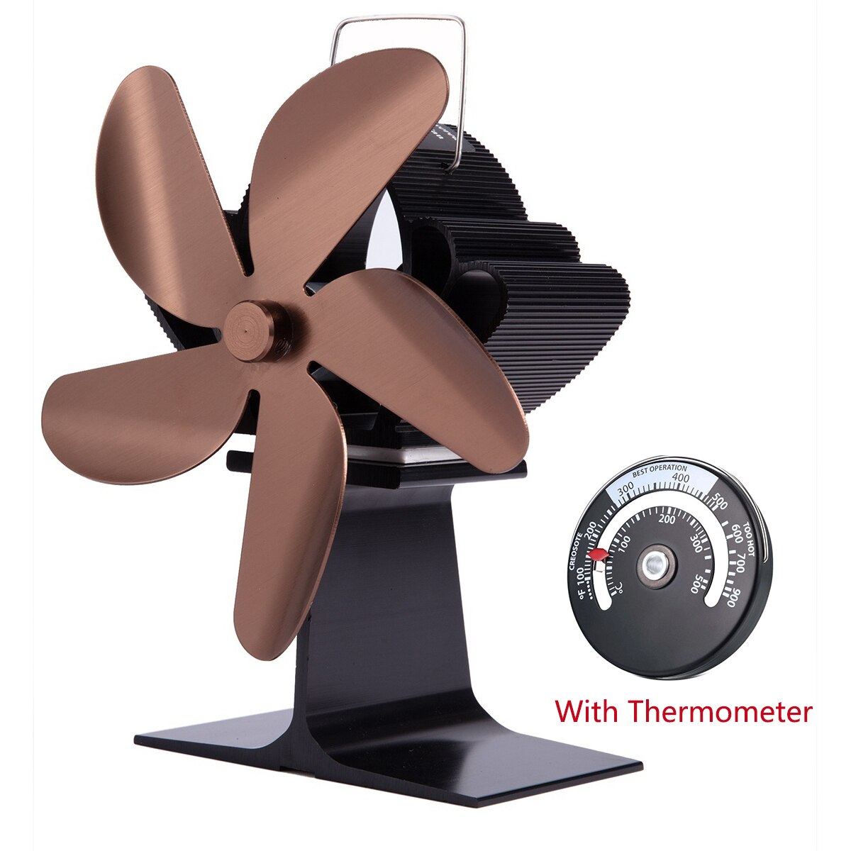 5 Blades Thermal Power Fireplace Fan Efficient Heat Powered Distribution Stove Fans Wood Log Burner Eco Quiet With Thermometer: Silver