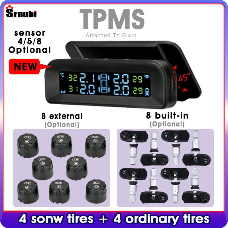 Tpms Originele Draadloze Hd Solar Charge Auto Bandenspanning Alarm Monitor Systeem Display Turn Op Met Trillingen Met 4/5/8 Sensoren