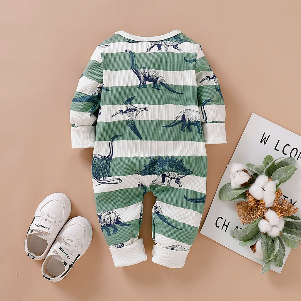 Fall Winter Infant Baby Romper Jumpsuit Boy Girls Long Sleeve Dinosaur Striped Print Romper Jumpsuit Clothes A1