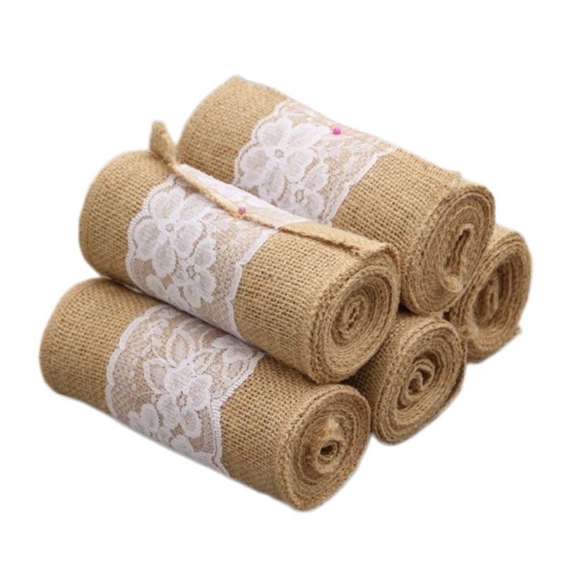 Jute säckväv rulle med vit spets vintage dekorativt hantverk band bordsbåge dekor för stol bröllop hem