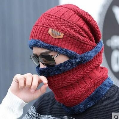 Casquette et écharpe de Ski en cuir | 2 pièces, chapeau et froid pour femmes et hommes, chapeau tricoté, Bonnet , Bonnet, bonnets: Scarf hat red wine