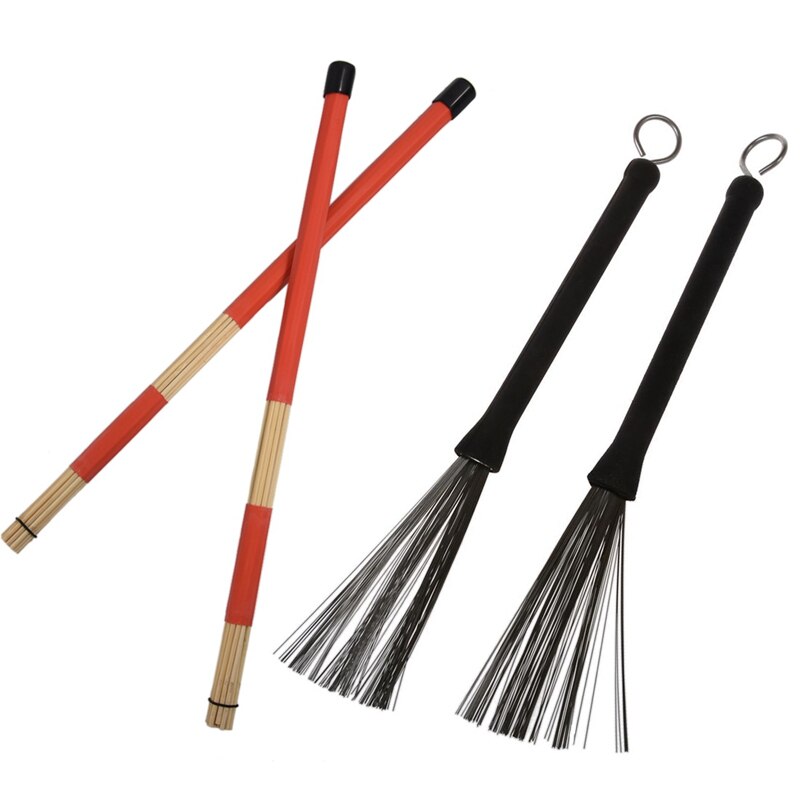 1 Pair 40CM Bamboo Rod Drum Brushes Sticks for Jazz Folk Music (Red) & 1 Pair Wire Retractable Loop End Drum Brushes for Jazz Dr