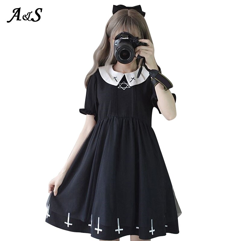 Vestido gótico de Lolita con estampado de Cruz para mujer, ropa de , conjunto de lolita, estilo de estrella, de tul, ropa de calle