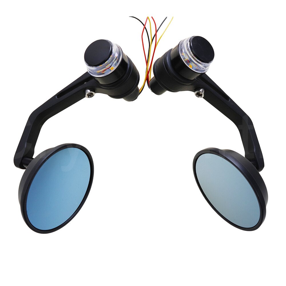7/8" 22mm Universal Round Motorcycle Rear View Mirrors Handle Bar End Side Mirrors With LED Turn Signals Black Cafe Racer Mirror
