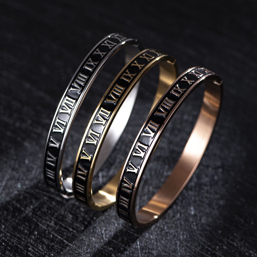 Cuff Bracelet Bangle Stainless Steel Bracelet Enamel Carving Roman Numeral Couple Roman Bangle For Men Women Jewelry