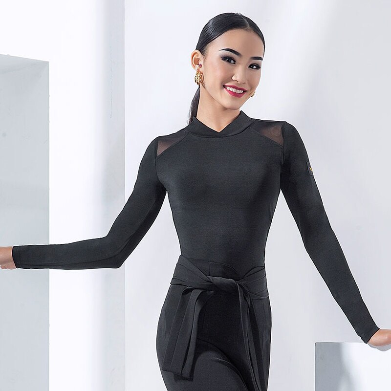 Ballroom Dance Clothes Female Women Latin Tops Black Long Sleeves Mesh Standard Waltz Dance Costume Practice Wear Shirt DNV14636