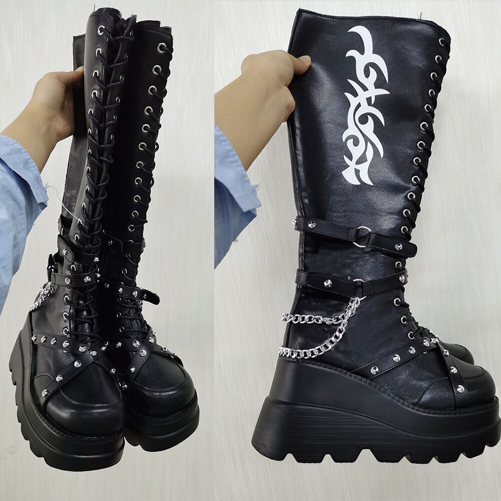 Botas con cuña gótica para mujer, zapatos con plataforma y cremallera de llama, con remaches gruesos negros, estilo Punk, Rock, otoño