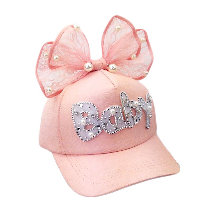 Cute Big Bow Girls Snapback Baseball Cap Children Mesh Hat Spring Summer Adjustable Snapback Casquette Kids Baby Pearl: pink