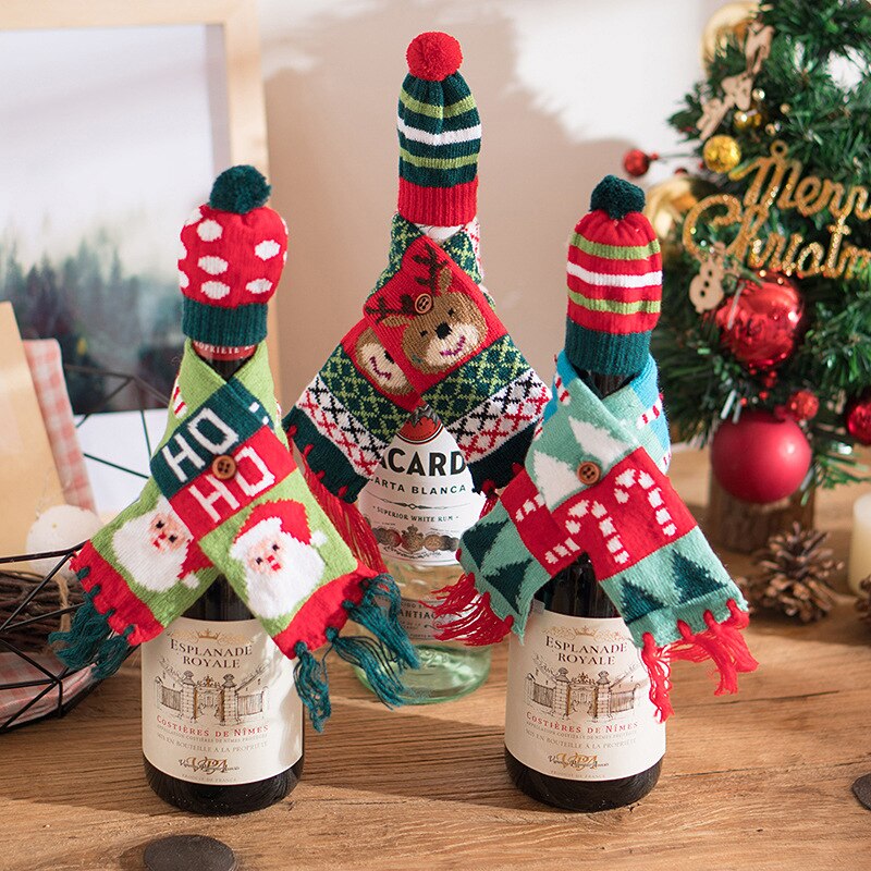 Juledekorationer vinflaske sæt tørklæde hat strik to sæt hotelbord dekoration boligindretning