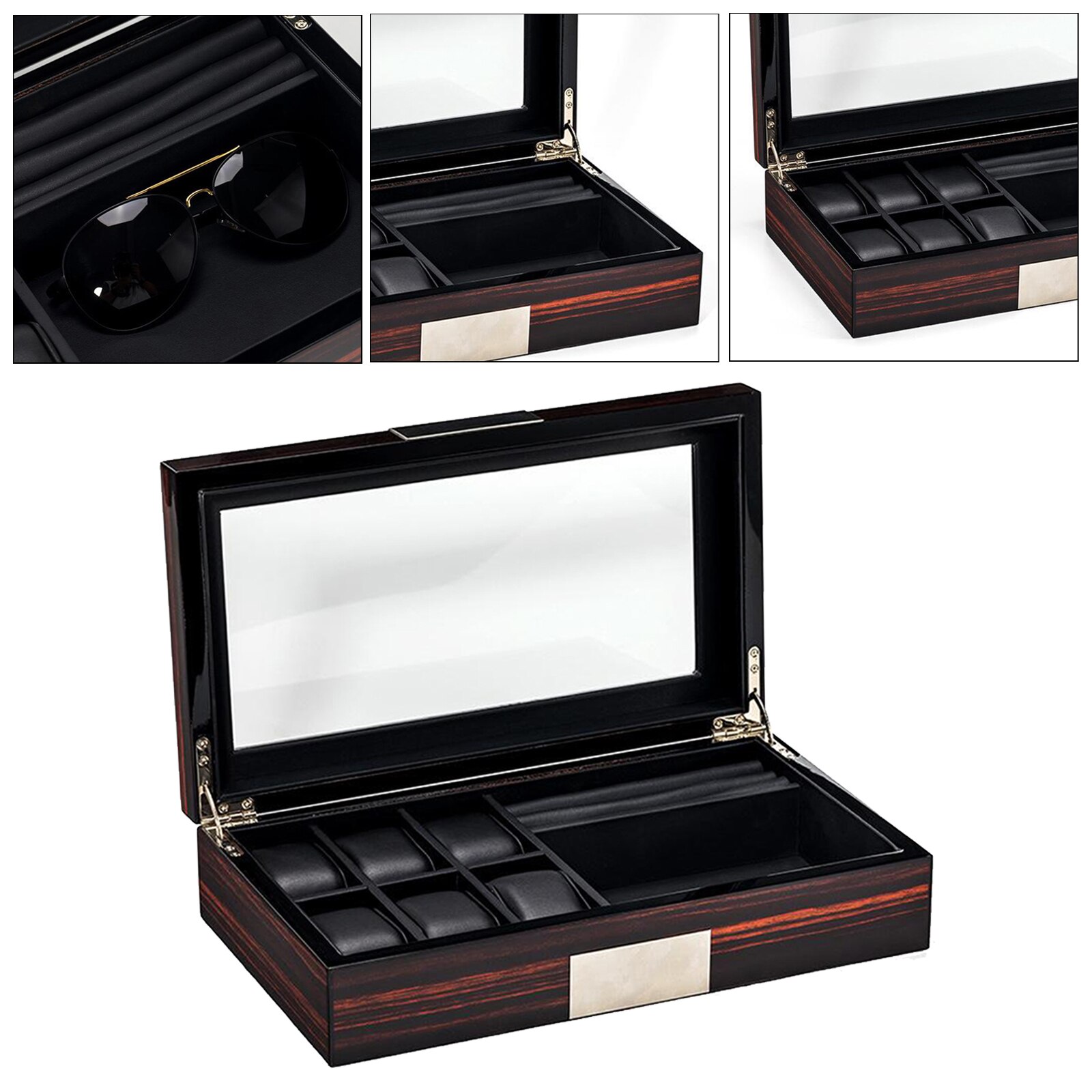 Horloge Box- Display Case & Organizer Voor Mannen Sieraden Horloge Houder 6 Horloge Slots & Brillen Slots Voor Zonnebril ringen