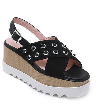 Open Teen Hoge Hak Wig Schoenen Dikke Bodem Muffin Sandalen Vrouwelijke Zomer Gesp Suède Klinknagel Sandalen Vrouwen Zomer Schoenen: Black / 8.5